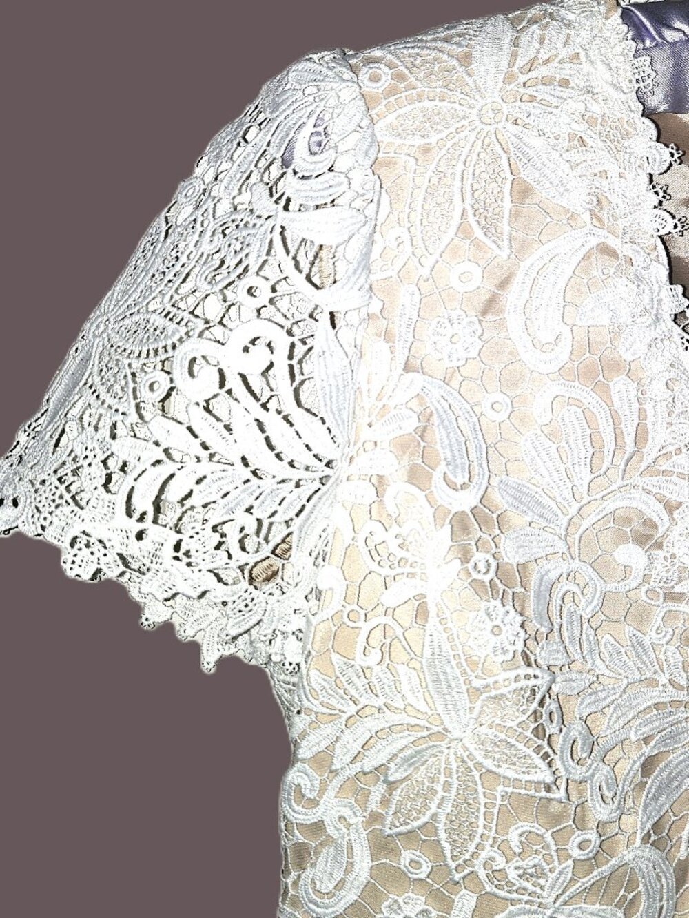 WHBM ECRU LACE DRESS WITH CHAMPAGNE BLUSH LINING AND ZIPPERED BACK CLOSURE SZ 0